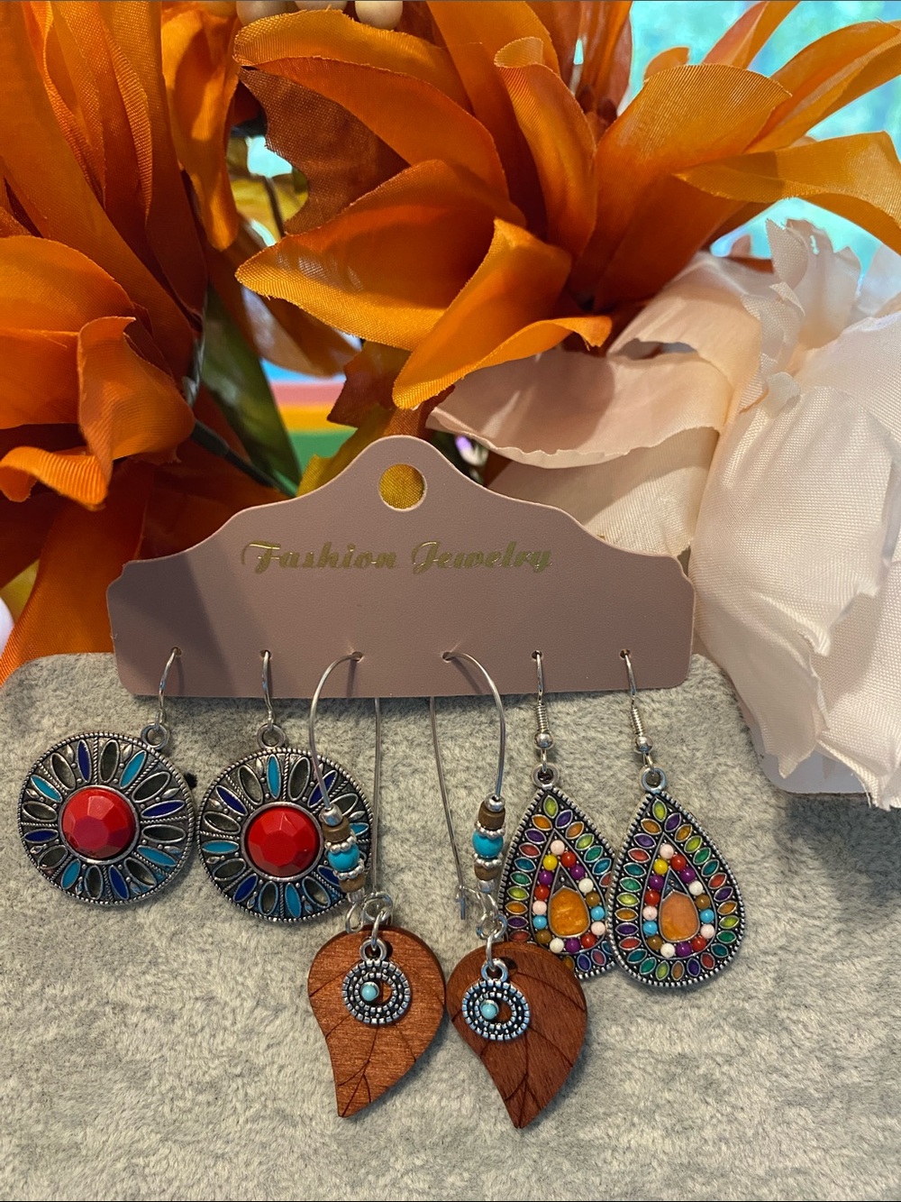New Fashion Jewelry Colorful Boho Earring Set - Red, Turquoise, Orange & Wood